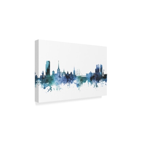 Michael Tompsett 'Halmstad Sweden Blue Teal Skyline' Canvas Art,22x32